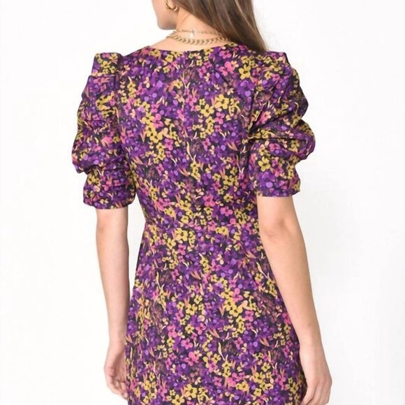 New ADELYN RAE Silky Purple Gold Floral Puff Sleeve V neck Mini Cocktail Dress L - Picture 2 of 6
